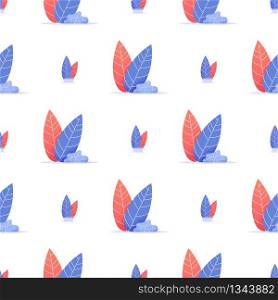 Floral Seamless Pattern with Red and Blue Leaves, Flowerpots on White Background Flat Vector Illustration. Gift Wrapping Paper, Greeting Cards, Invitations, Printing Materials Template, Design Element
