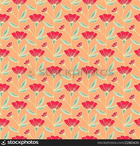 Floral seamless pattern with red flowers. Summer background of blooming flowers. Spring design for fabric, wallpaper or wrapping paper.. Floral seamless pattern with red flowers.