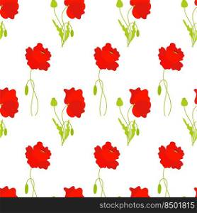 Floral seamless pattern with Red poppies on white background. Vector illustration. Botanical pattern with poppy flowers for decor, design, packaging, wallpaper, textile and print