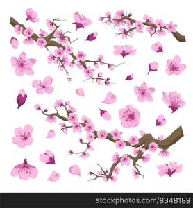 Floral seamless pattern with sakura blossom, cherry tree blooming and flourishing flowers on branches. Wallpaper or background, zen garden or orchard, Japanese culture plant. Vector in flat style. Sakura blossom, cherry tree with flowers pattern