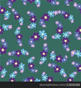 Floral seamless pattern with titian, lavender, blue, purple chamomile flower and leaves on pastel background.. Floral seamless pattern with titian, lavender, blue, purple chamomile flower and leaves on pastel background