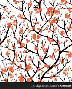 Floral seamless pattern with tree branches and flowering. Flourishing and blooming in spring or summer. Sakura or cherry blossom, twigs with flowers. Exotic botany, botanic vector in flat style. Tree branches with red blossom floral seamless pattern
