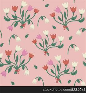 Floral Seamless Pattern with Tulips Bouquet on pink background. Spring Background with Blossom Flowers for Fabric, Wallpaper, Posters, Banners.. Floral Seamless Pattern with Tulips Bouquet on pink background. Spring Background with Blossom Flowers for Fabric, Wallpaper, Posters, Banners. Vector illustration