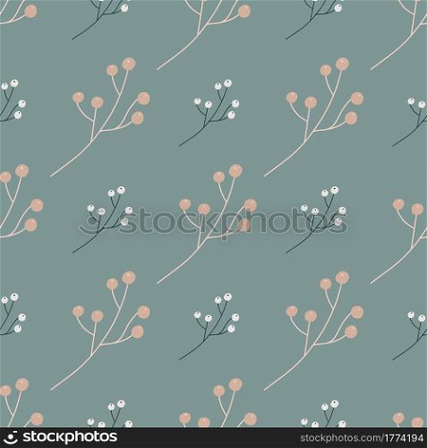 Floral seamless pattern with white and pink colored simple berries shapes. Pale blue background. Abstract style. Perfect for fabric design, textile print, wrapping, cover. Vector illustration.. Floral seamless pattern with white and pink colored simple berries shapes. Pale blue background. Abstract style.