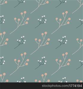 Floral seamless pattern with white and pink colored simple berries shapes. Pale blue background. Abstract style. Perfect for fabric design, textile print, wrapping, cover. Vector illustration.. Floral seamless pattern with white and pink colored simple berries shapes. Pale blue background. Abstract style.