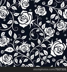 Floral seamless pattern with with blooming rose flowers, elegant leafy branches on gray background, for luxury wallpaper or interior design. White and gray roses seamless pattern