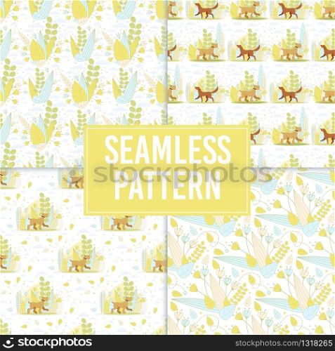 Floral Seamless Patterns Set, Decorative Backgrounds in Pastel Colors for Wrapping Paper and Textile with Bouquet of Wild Flowers and Shaggy Dogs Walking in Forest Flat Vector Illustration Collection