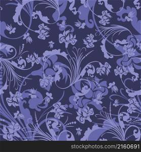 Floral seamless vector pattern. Elegant design in Very Peri color, modern color of 2022 year. Floral and swirl element. Ideal for textile print and wallpapers.