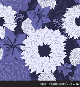 Floral seamless vector pattern. Elegant design in Very Peri color, modern color of 2022 year. Floral and swirl element. Ideal for textile print and wallpapers.