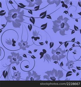Floral seamless vector pattern.  Elegant design in Very Peri color, modern color of 2022 year. Floral and swirl element.  Ideal for textile print and wallpapers.