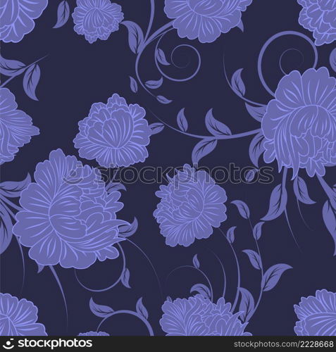 Floral seamless vector pattern.  Elegant design in Very Peri color, modern color of 2022 year. Floral and swirl element.  Ideal for textile print and wallpapers.