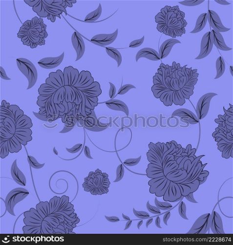 Floral seamless vector pattern.  Elegant design in Very Peri color, modern color of 2022 year. Floral and swirl element.  Ideal for textile print and wallpapers.