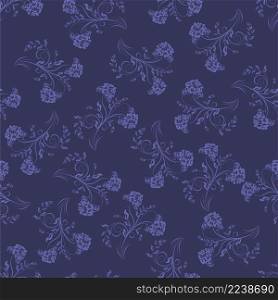 Floral seamless vector pattern. Elegant design in Very Peri color, modern color of 2022 year. Floral and swirl element. Ideal for textile print and wallpapers.