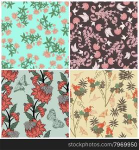 Floral Seamless Vector Pattern Set. Elegant Design With Beautiful Flowers, Butterflies and Birds on Color Background. Floral and Swirl Elements. Ideal for Textile Print and Wallpapers. Vector Illustration.