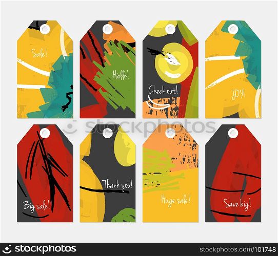 Floral seasonal with scribbles black yellow tag set.Creative universal gift tags.Hand drawn textures.Ethic tribal design.Ready to print sale labels Isolated on layer.