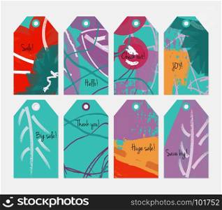 Floral seasonal with scribbles green red purple tag set.Creative universal gift tags.Hand drawn textures.Ethic tribal design.Ready to print sale labels Isolated on layer.