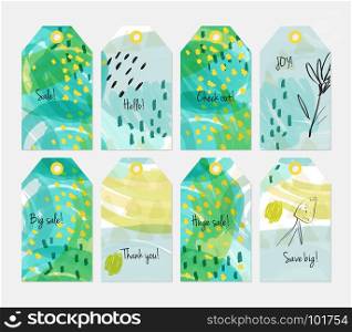Floral seasonal with sketched berry green yellow tag set.Creative universal gift tags.Hand drawn textures.Ethic tribal design.Ready to print sale labels Isolated on layer.