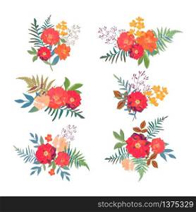 Floral set. Collection with red orange beautiful flowers. Hand drawn roses, fern. Design for invitation, wedding or greeting cards. Vector illustration. Floral set. Collection with red orange beautiful flowers. Hand d