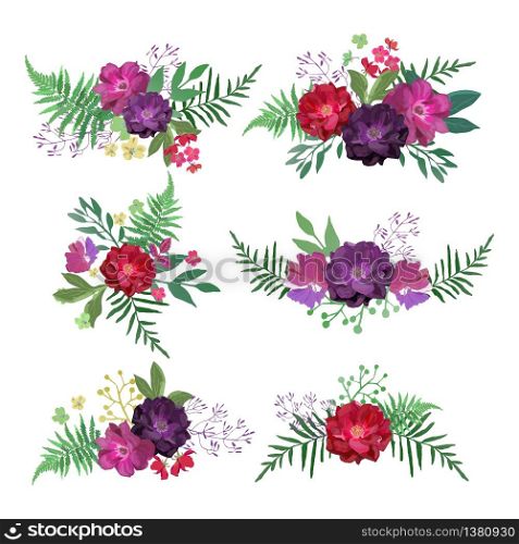 Floral set. Collection with red purple flowers hand drawn. Design for invitation, wedding or greeting cards. Vector illustration. Floral set. Collection with flowers hand drawn. Design for invit