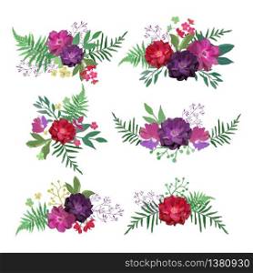Floral set. Collection with red purple flowers hand drawn. Design for invitation, wedding or greeting cards. Vector illustration. Floral set. Collection with flowers hand drawn. Design for invit
