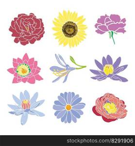Floral set in flat style. Various simple colored flowers. Pastel colors. Minimalistic contour design of flowers. Vector illustration.. Floral set in flat style. Various colored flowers.