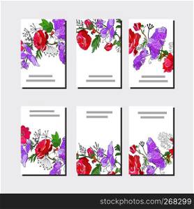 Floral set of 6 cards.Template with red rose and violet sweet pea for your design, greeting cards, festive announcements, posters. - Vector. Floral set of templates for your design, greeting cards, festive