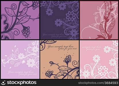 floral set of 6 hand drawn cards with blooming flowers and fantasy plants