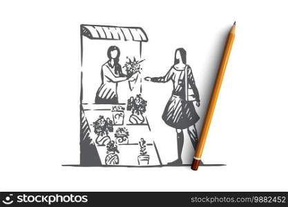 Floral, shop, bouquet, woman, store concept. Hand drawn woman buys flowers in a stall concept sketch. Isolated vector illustration.. Floral, shop, bouquet, woman, store concept. Hand drawn isolated vector.
