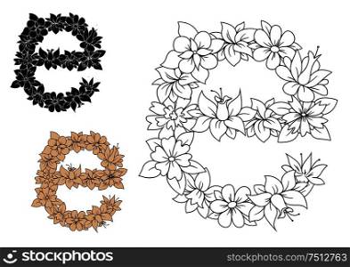 Floral small letter E with lush blooming flowers and curved leaves in outline style, including brown and black color letters. Floral letter E with flowers and leaves