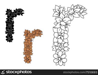Floral small lowercase letter r with blooming wildflowers and buds in outline, brown and black color variations. For vintage font design. Floral font lowercase letter r