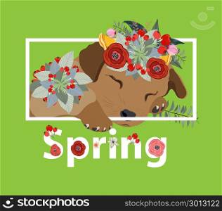 Floral spring background with dog and white text