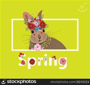 Floral spring background with rabbit and white text