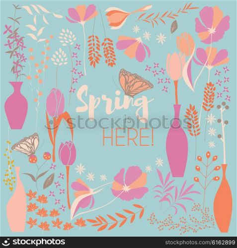 Floral spring card design, with hand drawn flowers, floral elements and monarch butterflies, vector illustration