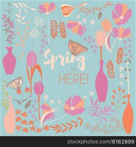 Floral spring card design, with hand drawn flowers, floral elements and monarch butterflies, vector illustration