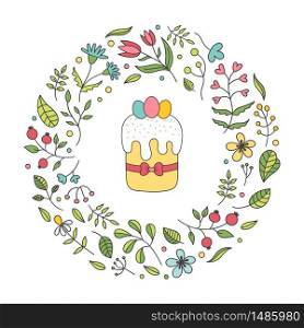 Floral spring frame.Easter cake, eggs, postcard. Decor plants, flowers, twigs, leaves, Tulip, chamomile, cornflower, rose hip.Vector Doodle illustration on a white background.