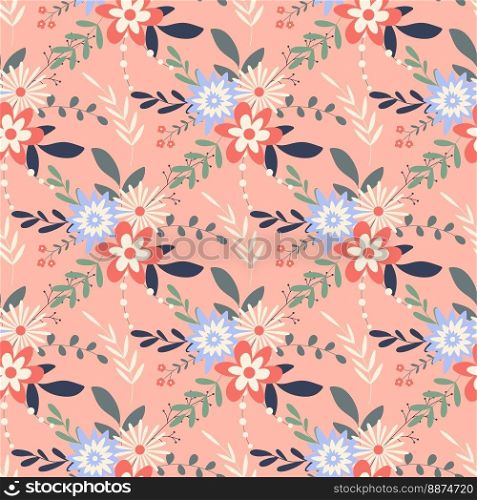 Floral spring seamless pattern. Background blooming wild flowers. Print delicate flowering wild flowers. Primrose template for textile, wallpaper, paper, packaging and design. Vector illustration. Floral spring seamless pattern delicate flowering wild flowers
