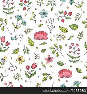 Floral spring seamless pattern.Decor plants, flowers, twigs, leaves, Tulip, chamomile, cornflower, rose hip.Cute vector Doodle illustration on white background