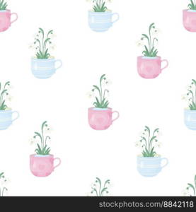 Floral spring seamless pattern. Snowdrop flowers in cup on white background. Vector illustration