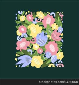Floral square composition or frame - hand drawn flowers leaves, cover design with botanical elements, colorful background with blossom for greeting card, invitation, catalog - Vector illustration. Floral seamless pattern collection