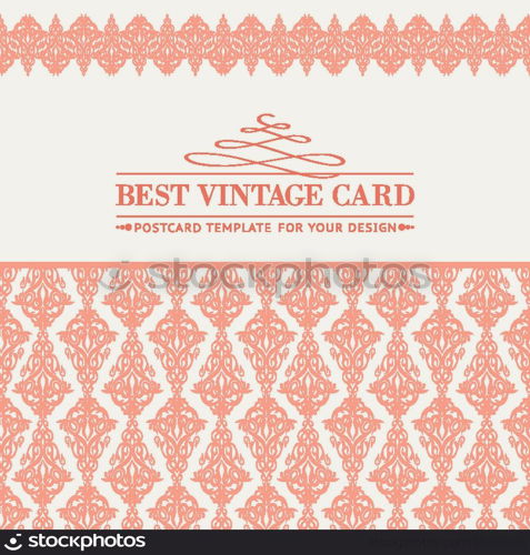 Floral stationary template in rose color with damask border. Vector illustration.