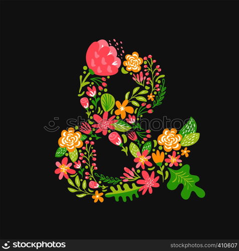 Floral summer ampersand. Flower Capital wedding Alphabet. Colorful font with flowers and leaves. Vector illustration scandinavian style.. Floral summer ampersand. Flower Capital wedding Alphabet. Colorful font with flowers and leaves. Vector illustration scandinavian style