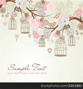 Floral summer background. Birds out of their cages concept vector
