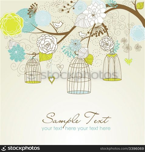 Floral summer background. Birds out of their cages concept vector