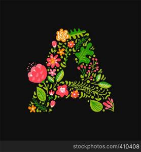 Floral summer Letter A. Flower Capital wedding Uppercase Alphabet. Colorful font with flowers and leaves. Vector illustration Grotesque scandinavian style.. Floral summer Letter A. Flower Capital wedding Uppercase Alphabet. Colorful font with flowers and leaves. Vector illustration Grotesque scandinavian style