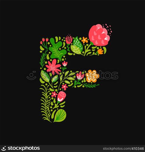 Floral summer Letter F. Flower Capital wedding Uppercase Alphabet. Colorful font with flowers and leaves. Vector illustration Grotesque scandinavian style.. Floral summer Letter F. Flower Capital wedding Uppercase Alphabet. Colorful font with flowers and leaves. Vector illustration Grotesque scandinavian style