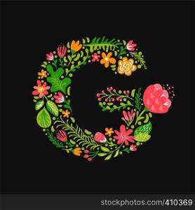 Floral summer Letter G. Flower Capital wedding Uppercase Alphabet. Colorful font with flowers and leaves. Vector illustration Grotesque scandinavian style.. Floral summer Letter G. Flower Capital wedding Uppercase Alphabet. Colorful font with flowers and leaves. Vector illustration Grotesque scandinavian style