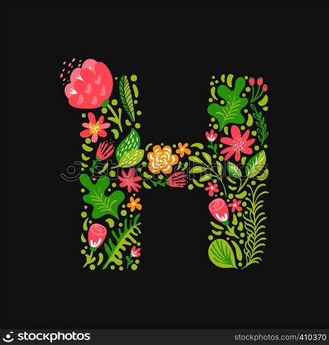 Floral summer Letter H. Flower Capital wedding Uppercase Alphabet. Colorful font with flowers and leaves. Vector illustration Grotesque scandinavian style.. Floral summer Letter H. Flower Capital wedding Uppercase Alphabet. Colorful font with flowers and leaves. Vector illustration Grotesque scandinavian style