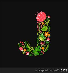Floral summer Letter J. Flower Capital wedding Uppercase Alphabet. Colorful font with flowers and leaves. Vector illustration Grotesque scandinavian style.. Floral summer Letter J. Flower Capital wedding Uppercase Alphabet. Colorful font with flowers and leaves. Vector illustration Grotesque scandinavian style
