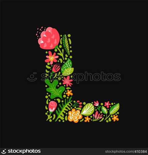 Floral summer Letter L. Flower Capital wedding Uppercase Alphabet. Colorful font with flowers and leaves. Vector illustration Grotesque scandinavian style.. Floral summer Letter L. Flower Capital wedding Uppercase Alphabet. Colorful font with flowers and leaves. Vector illustration Grotesque scandinavian style