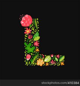 Floral summer Letter L. Flower Capital wedding Uppercase Alphabet. Colorful font with flowers and leaves. Vector illustration Grotesque scandinavian style.. Floral summer Letter L. Flower Capital wedding Uppercase Alphabet. Colorful font with flowers and leaves. Vector illustration Grotesque scandinavian style